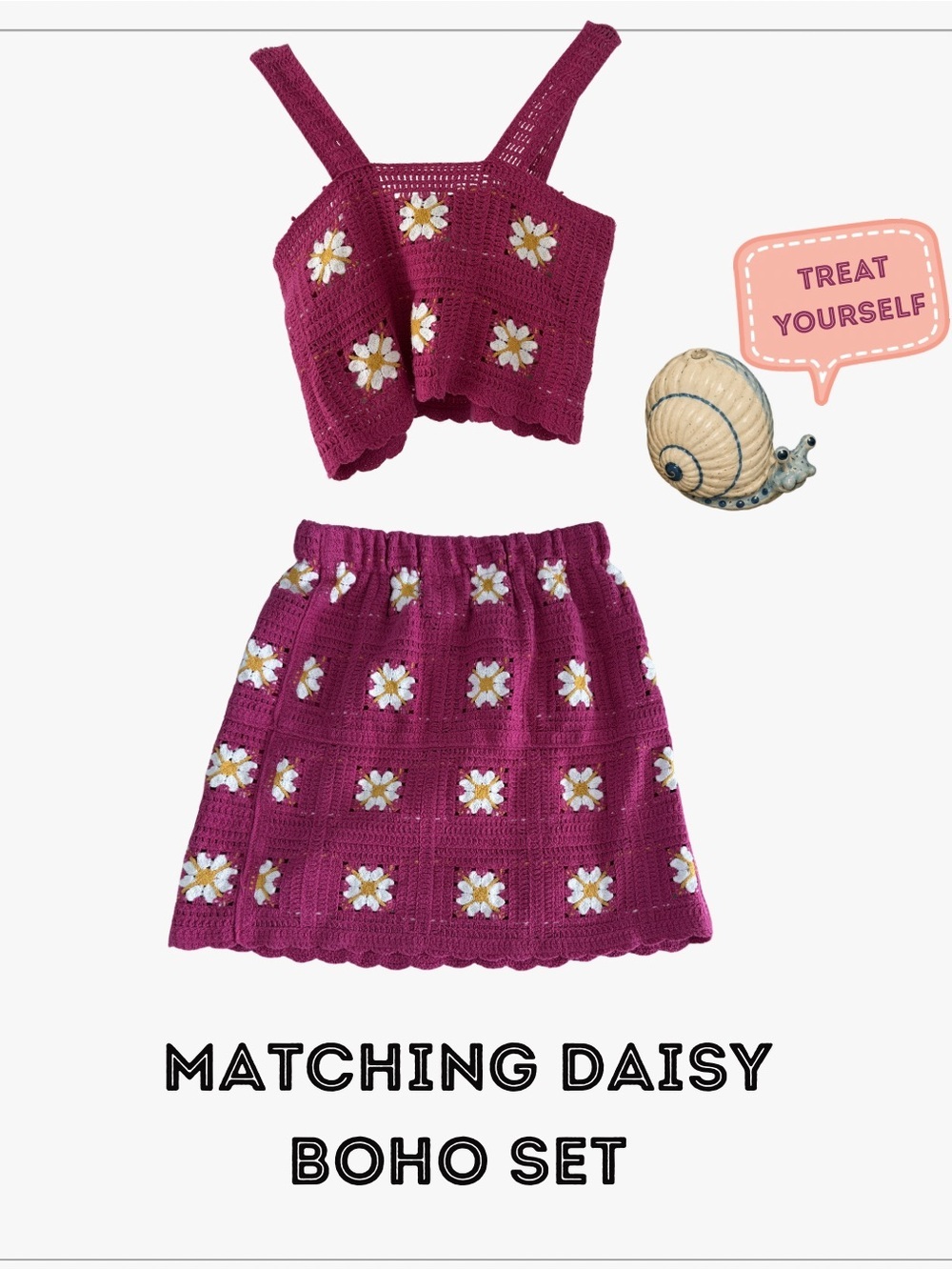 Crochet Daisy Skirt Set Pink Coquette Cottagecore Boho Festival Y2K 2 Piece